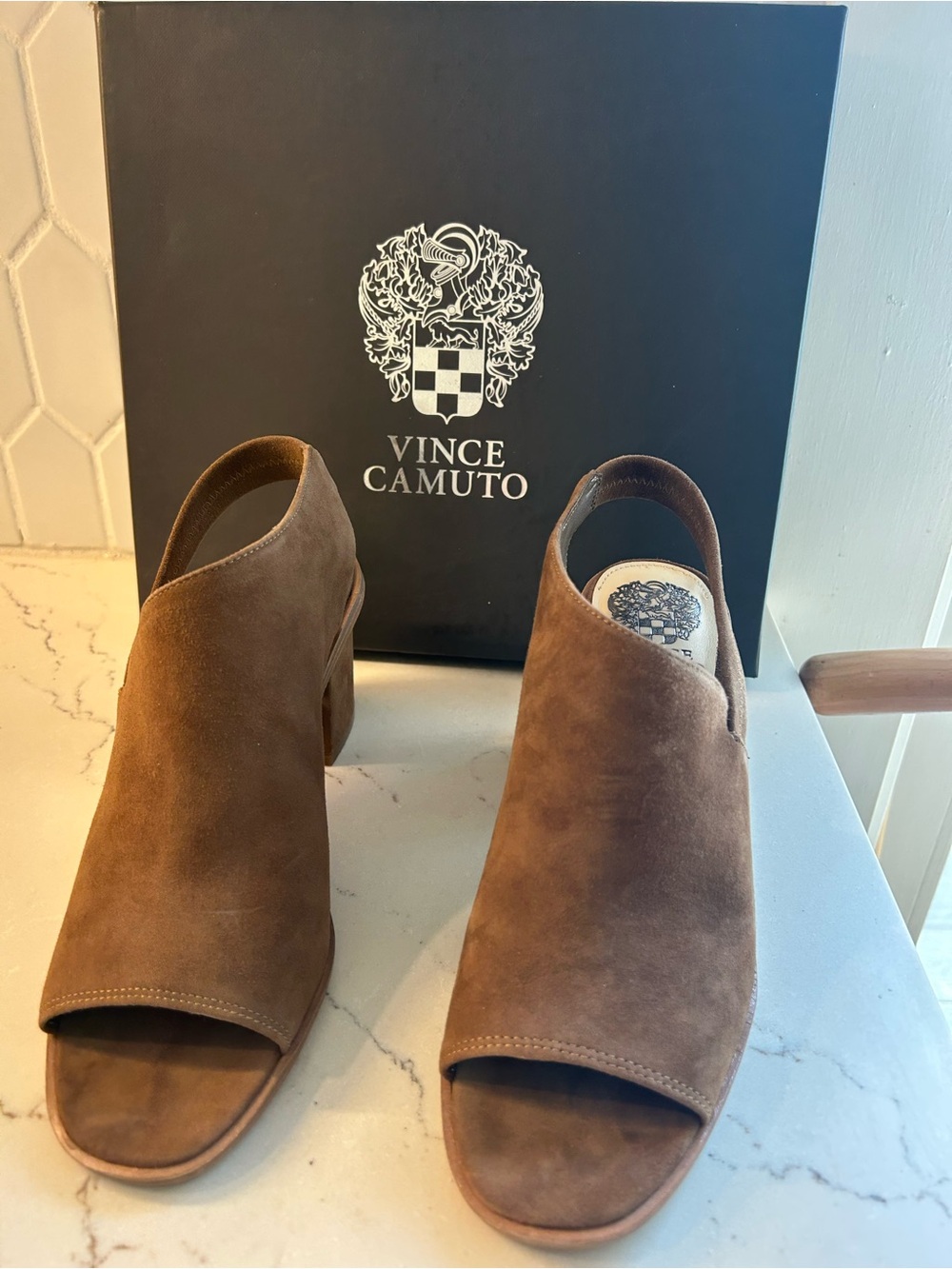 Vince Camuto Brown Suede Open-Peep Slingback Mules